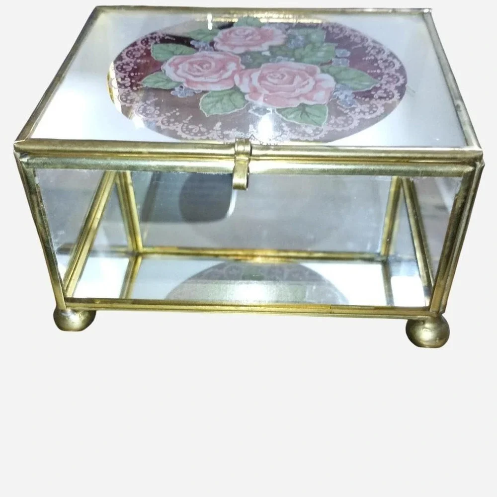 Rose etched glass jewelry box with brass accents